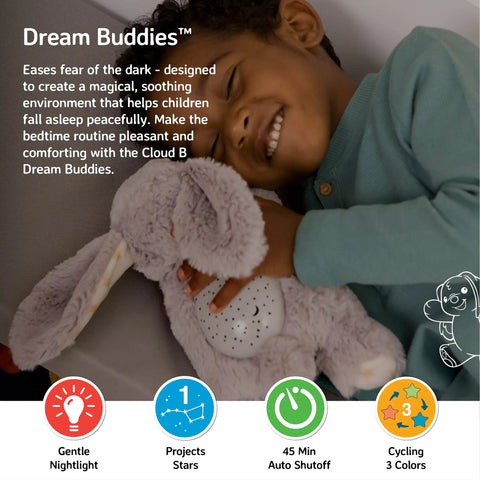 Child sleeping with plush Benny The Bunny Night Light And Star Projector For Babies, Cozy Sleep Aid With Gentle Lights.