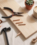 Woodworking tools and 100 Count 1/4 Inch Wood Dowel Pins on wooden board