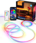 RGB Neon Rope Lights Sixteen Point Four Feet With 360 LEDs next to app and remote control on a table.