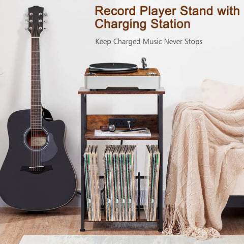 Record Player Stand With Built In Charging Station And Storage Cabinet, 3 Tier End Table For Vinyl Records, Rustic Brown