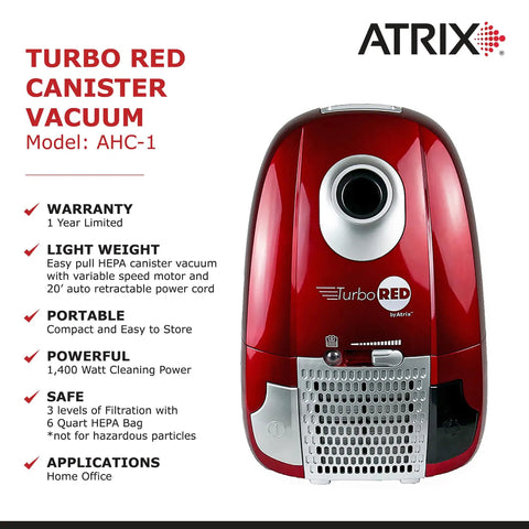 Heavy Duty HEPA Canister Vacuum Cleaner With 1400 Watt Variable Suction Motor And Three Stage Filtration That Crushes Dust Like A Champ Includes Telescopic Wand And Full Bag Indicator For Zero Sweat Operation, red canister vacuum detail.