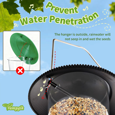 Image showing Retractable Outdoor Bird Feeder Set With Metal Hanger No Tools Needed Easy Snap Lock Install Durable Black Finish Weather Resistant Pack Of 2 demonstrating water prevention feature.