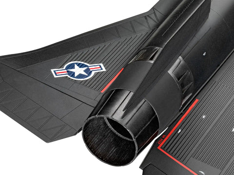 Close-up of SR-71A Blackbird 1 48 Scale Stealth Jet Model Kit With 170 Detail Parts, showcasing tail section and decal.