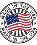 Made in the USA label featuring the American flag with bold text and circular design