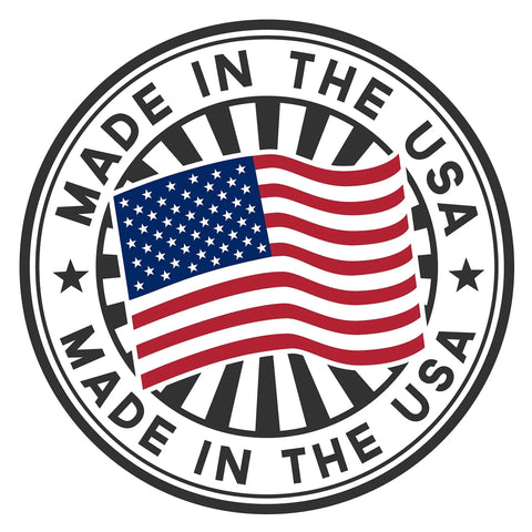 Made in the USA label featuring the American flag with bold text and circular design