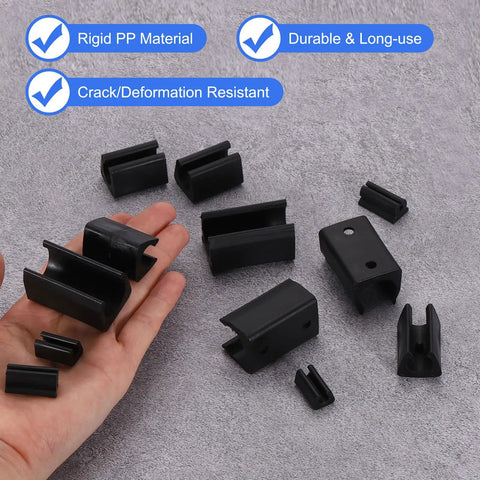 16 Piece Black Office Chair Leg Caps With Nails Smooth Glide Floor Protectors Fitting 0.47 Inch Metal Tubes displayed in hand.