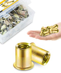 Two Hundred Pcs 10 32 Rivet Nuts Kit With Yellow Zinc Carbon Steel Flat Head Knurled Rivet Nuts For Wood And Metal Kit