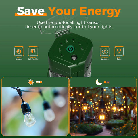 Outdoor Waterproof Timer Outlet With Photocell Sensor Dusk To Dawn Auto Switch Remote Control Power Strip showing buttons and lights.