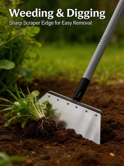 Do It All Garden Shovel With Adjustable Handle used for weeding, showing stainless steel blade digging into soil.