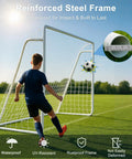 Boy playing soccer with 12x6 Ft Foldable Steel Backyard Soccer Goal With Weatherproof Net Perfect For Teens And Adults Practice Drills Easy Setup Portable Training Goal Set Includes 6 Training Cones.