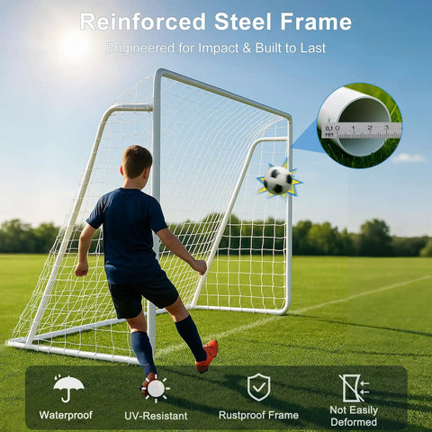 Boy playing soccer with 12x6 Ft Foldable Steel Backyard Soccer Goal With Weatherproof Net Perfect For Teens And Adults Practice Drills Easy Setup Portable Training Goal Set Includes 6 Training Cones.