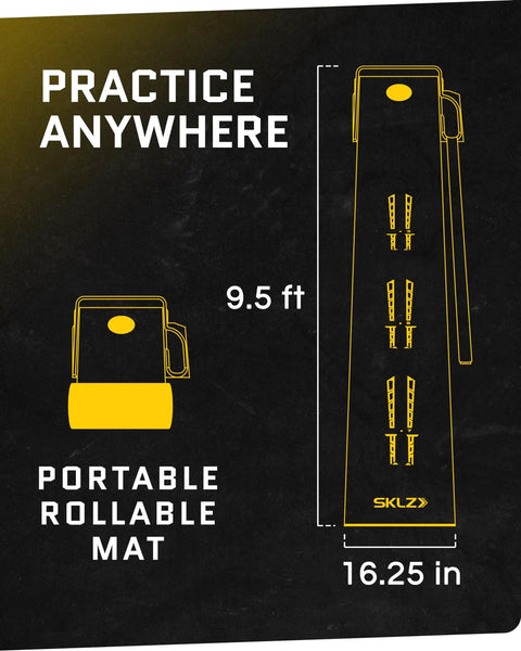 Diagram of Accelerator Pro Indoor Golf Putting Mat With Auto Ball Return, showing portable rolled-up mat dimensions.