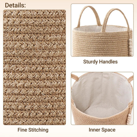 Close-up of woven rope storage basket with fine stitching, sturdy handles, and inner space. Woven Rope Storage Basket With Handles For Blankets, Toys, Clothes And Plants, Natural Jute Organizer Bin, Rustic Home Decor, Super Handy Storage Solution For Living Room Or Bedroom, 16 By 13.8 Inches.