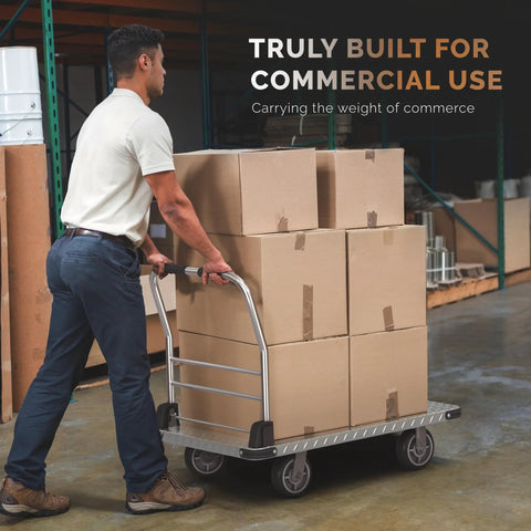 Man pushing Heavy Duty 2200 Pound Capacity Foldable Push Cart Dolly with boxes in a warehouse