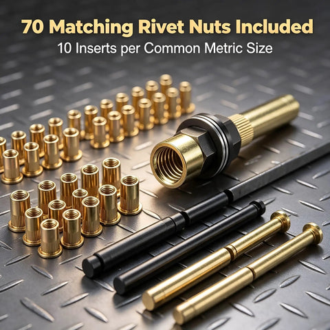 Heavy Duty Carbon Steel Rivet Nut Set With Seven Interchangeable Mandrels And Seventy Metric Inserts showing 70 gold rivet nuts and three mandrels.