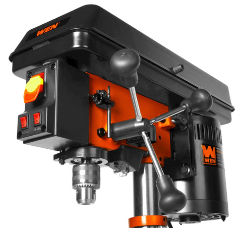 Close-up of 10 Inch Benchtop Drill Press with Laser Guide and LED Work Light, 6.2 Amp Motor, Cast Iron Construction, controls visible