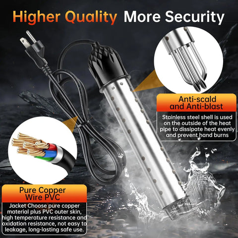 2000W Immersion Water Heater With Auto Shutoff, Stainless Guard And Digital Temperature Sensor, cable and plug shown