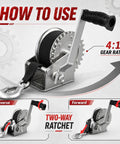 1600lbs Heavy Duty Boat Trailer Winch With 26ft Strap, Dual Direction Ratchet, 4 to 1 Gear Ratio, Portable Hand Crank Design, Perfect For Easy Towing, Loading And Recovery Of Boats, Jet Skis, And More., 4:1 gear winch with strap and handle