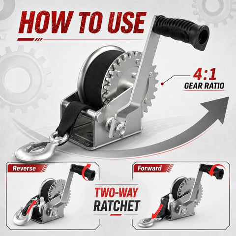 1600lbs Heavy Duty Boat Trailer Winch With 26ft Strap, Dual Direction Ratchet, 4 to 1 Gear Ratio, Portable Hand Crank Design, Perfect For Easy Towing, Loading And Recovery Of Boats, Jet Skis, And More., 4:1 gear winch with strap and handle