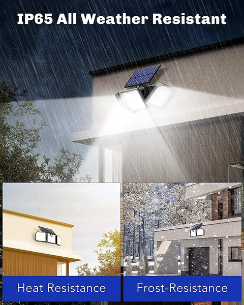 Ultra Bright Solar Motion Lights Outdoor 230 LED 2200LM Three Head Flood Light With Motion Sensor IP65 Waterproof mounted on wall in rain