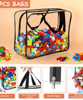 Six Pack Large Clear PVC Toy Storage Bags With Labels showing building blocks inside, two handles, and smooth zipper.