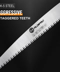 Close-up of aggressive teeth on SK5 steel blade, part of Seven Inch Folding Hand Saw With Wenge Wood Handle And Premium Leather Sheath