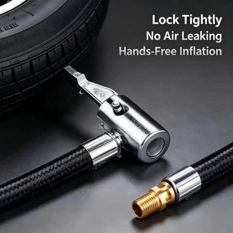 Heavy Duty Tire Inflator Hose Adapter Kit Converts To Lock Connection With All Metal Air Chuck Thumb Press Control For Schrader Thread Cars Trucks Leak Proof Fits Standard Valves Plug And Play Rock Solid Build, metal air chuck on tire hose
