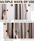 10 Pcs Magnetic Curtain Clips Closure Magnets For Indoor Outdoor Curtains No Light Leakage On Patio Gazebo Cabana Dark Brown Easy Install And Gentle On Curtains shown installed and in use on beige curtains with adhesive backing.