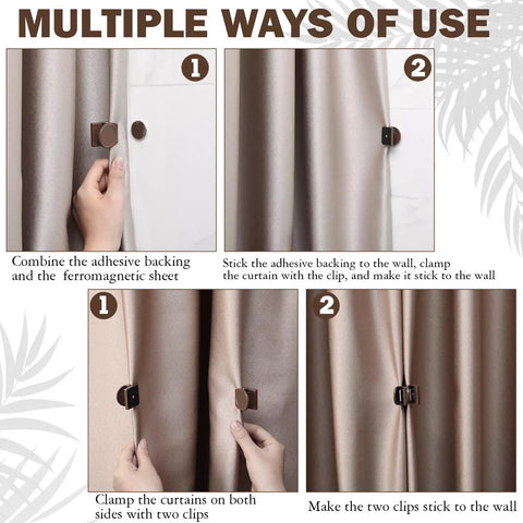 10 Pcs Magnetic Curtain Clips Closure Magnets For Indoor Outdoor Curtains No Light Leakage On Patio Gazebo Cabana Dark Brown Easy Install And Gentle On Curtains shown installed and in use on beige curtains with adhesive backing.