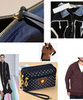 Zipper Repair Kit Size Five Twelve Piece Set With Sliders Top Stops And Bottom Stops for coats and jackets displayed on clothing and bags