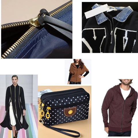 Zipper Repair Kit Size Five Twelve Piece Set With Sliders Top Stops And Bottom Stops for coats and jackets displayed on clothing and bags