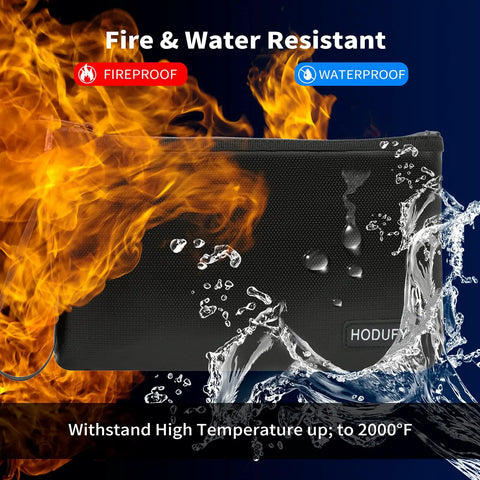 Extreme Heat Fireproof Money And Document Bag 2000F, A5 black pouch with strap, fire and water resistant illustration.