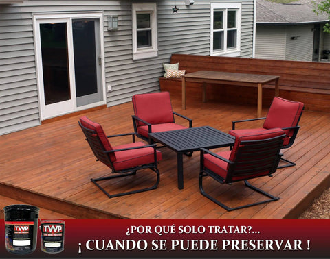 Heavy Hitter Oil Based Wood Preservative And Exterior Stain In Warm Pecan Hue visible on a polished wooden deck with red lounge chairs.
