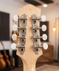 Mandolin Tuner Pegs And Acoustic Guitar Tuning Peg Knobs Set Of 4 Left 4 Right Replacement Hardware Classic Style Durable Guitar Tuning Keys For Stable Tuning And Smooth String Post Adjustments; rear guitar headstock with white knobs