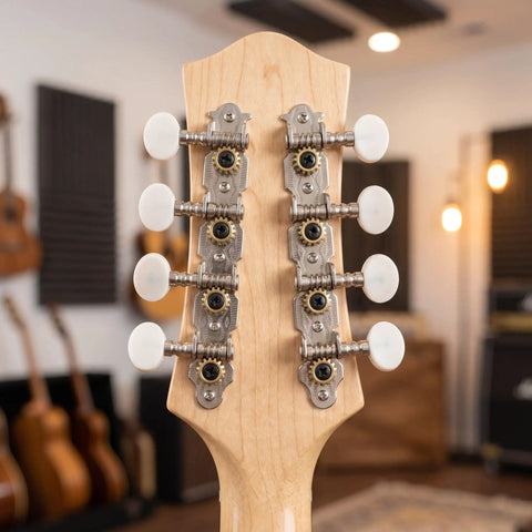Mandolin Tuner Pegs And Acoustic Guitar Tuning Peg Knobs Set Of 4 Left 4 Right Replacement Hardware Classic Style Durable Guitar Tuning Keys For Stable Tuning And Smooth String Post Adjustments; rear guitar headstock with white knobs