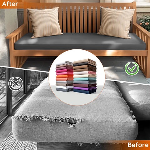 Custom Size Bench Cushion Cover Replaceable Cushion Cover With 80 Plus Colors For Indoor Outdoor Patio Use on wooden bench, before and after.