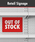 Empty retail shelf with 'Out of Stock' sign against a pegboard backdrop, displaying unavailable items in a store setting.