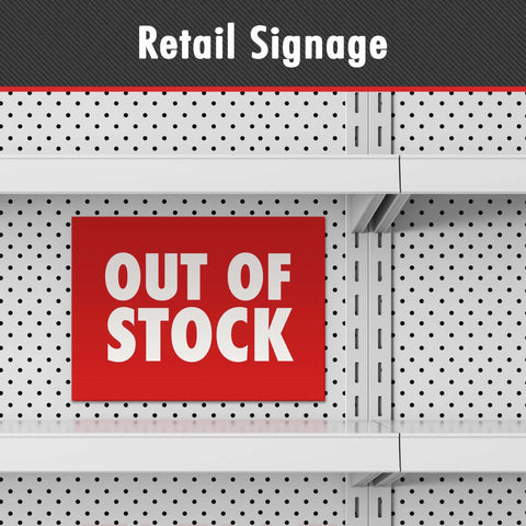 Empty retail shelf with 'Out of Stock' sign against a pegboard backdrop, displaying unavailable items in a store setting.
