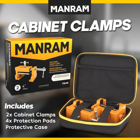 Two Pack Cabinet Clamps With Protective Case Pro Grade Solid Cast Steel Construction Built In Drill Guide With EVA Pads