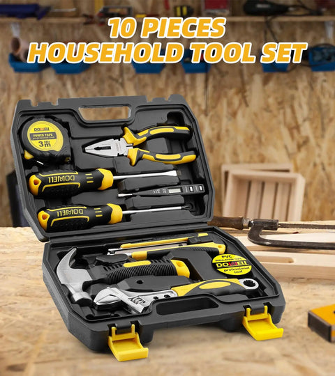 Compact 10 Piece Small Tool Kit Set With Portable Plastic Storage Case for home repairs and DIY projects, displayed open.