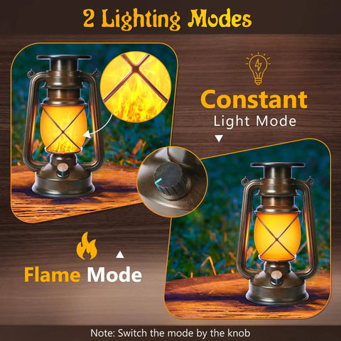 Two modes of Bronze Vintage Solar Lanterns Two Pack Outdoor Lights with LED: flame and constant light shown on wood surface.