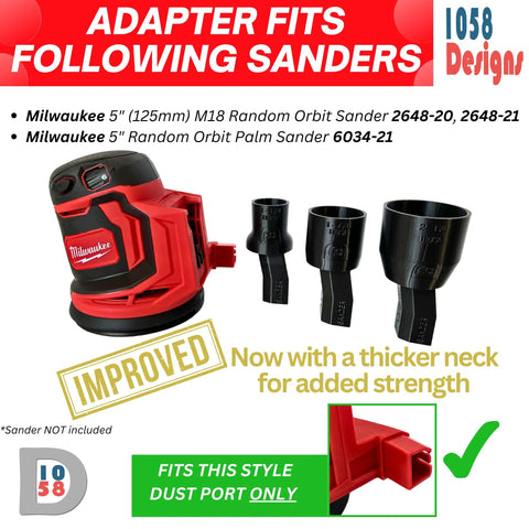 Vacuum Dust Collection Reducer Adapter For 5 Inch Random Orbit Sanders To 1-1/4 Inch Shop Vac Hose with sander compatibility details.