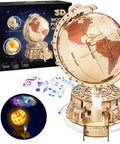 3D Wooden Globe Puzzle For Adults With Stand Illuminated Globe DIY Model Kit Built In LED Music And Starry Projector Epic STEM Gift For Adults And Teens Perfect Desk Display For Home Office Decor And A Fun Night Light That Sparks Curiosity And Travel, 3D wooden globe on stand with LED projector