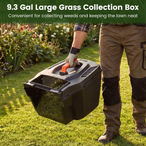 Corded 14 Inch Electric Push Lawn Mower With 3 Position Height Adjustment 9.3 Gallon Grass Collection Box 12 Amp Motor 1500W Power Lightweight Walk Behind Mower Easy To Maneuver For Small To Medium Yards Green grass collection box on mower