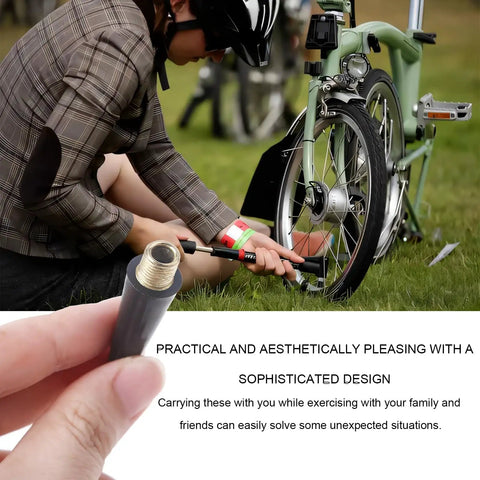 Heavy Duty Brass Air Nozzle With Quick Connector inflating bicycle tire, showing brass chuck and tire compatibility close-up.