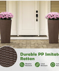 All Weather Wicker Planters Set Of 2 Tall 24 Inch Square Rattan Pots In Mocha Finish For Front Porch Patio Balcony Or Indoor Use
