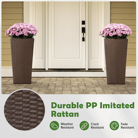 All Weather Wicker Planters Set Of 2 Tall 24 Inch Square Rattan Pots In Mocha Finish For Front Porch Patio Balcony Or Indoor Use
