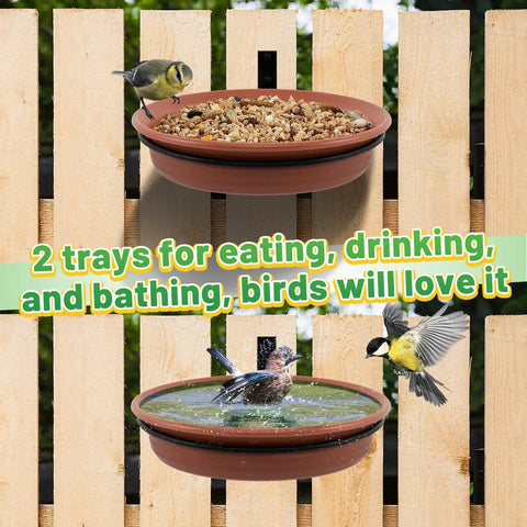 Two Piece Tree Mounted Bird Feeder Tray Set For Outdoors Food And Water Heavy Duty Iron Ring Installs On Wooden Deck Fence 8.3 Inch Diameter Brown Dual Purpose Bird Bath And Feeder For Backyard