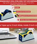 Blue Grey Premium Multi Roll Steel Desk Top Tape Dispenser Holds Three One Inch Tapes Or A Single Three Inch Wide Roll With A Three Inch Core And Up To Five Inch Outer Diameter Built Like A Tank For Your Busy Office, shown on desk.