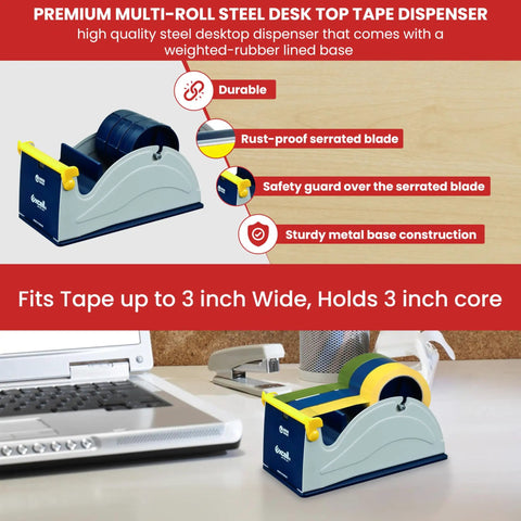 Blue Grey Premium Multi Roll Steel Desk Top Tape Dispenser Holds Three One Inch Tapes Or A Single Three Inch Wide Roll With A Three Inch Core And Up To Five Inch Outer Diameter Built Like A Tank For Your Busy Office, shown on desk.